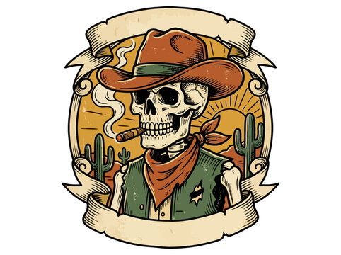 Illustration of a rugged skeleton cowboy wearing a hat and smoking a cigar.
