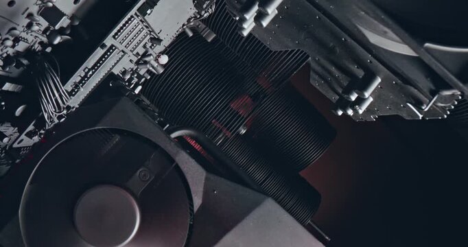 Working motherboards, fans and graphic cards. Camera move along components.