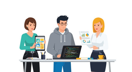 Fototapeta premium A collaborative team of diverse professionals works together at a desk, sharing ideas through coding, design, and data analysis.