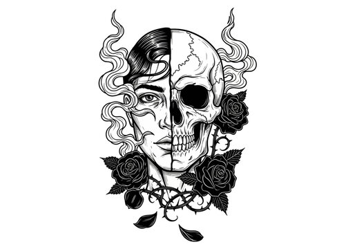 Half Human Face and Half Skull Illustration with Roses.
