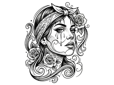 Black and white tattoo style illustration of a beautiful woman with roses and bandana.