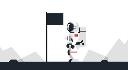 Astronaut planting flag on moon surface, space exploration, flat design © Ahmed
