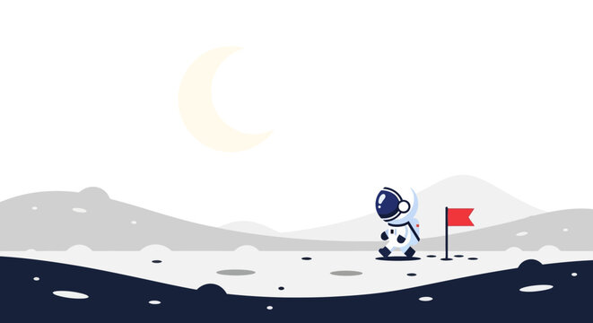 Astronaut planting flag on moon surface with crescent moon in sky