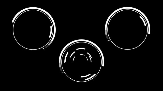 Tech circular interfaces processing data with white dial elements loading against a black background.