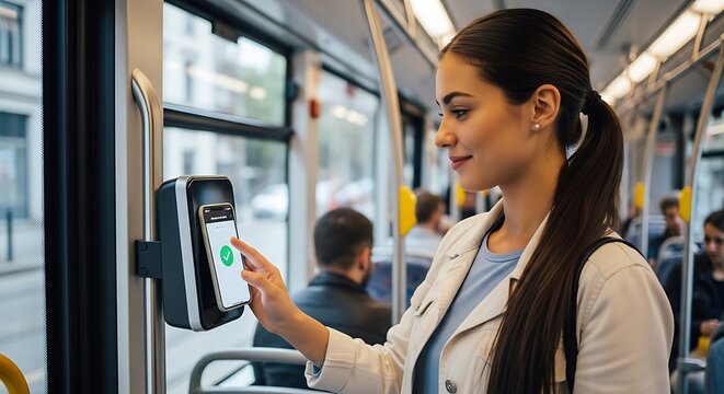 Woman using smartphone for contactless payment on public transportation