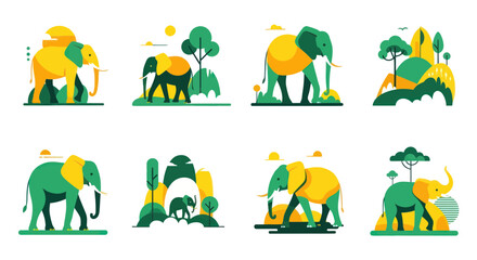 Flat Design Elephants in African Landscape Vector Illustrations © Fredik