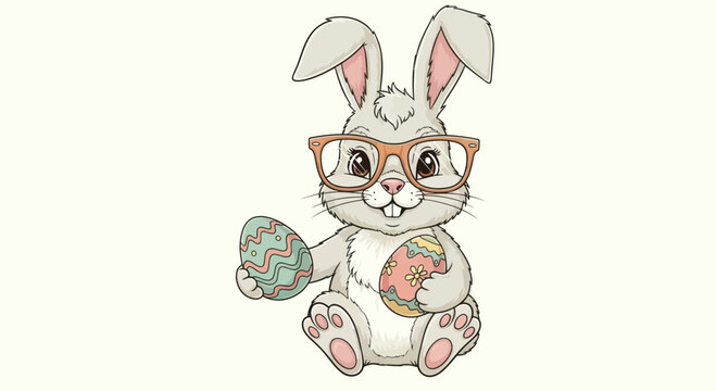 Cute Bunny with Glasses Holding Easter Eggs