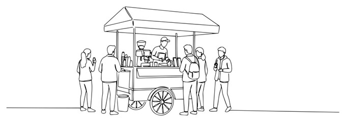Street Coffee Cart with People One Line Drawing, Continuous Line Art of Food Truck and Customers Social Scene © ----WWWLINE----
