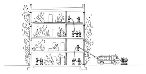 Obraz premium Firefighters Fighting Building Fire One Line Drawing, Fire Truck and Rescue Operation Scene Illustration