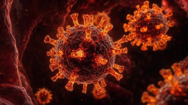 Ultra realistic cinematic microscope footage featuring a detailed view of HANTAVIRUS particles, highlighting their intricate structure and potential threat to health