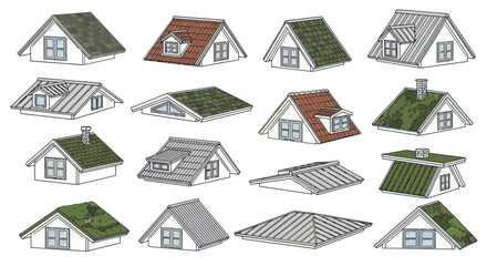 Collection of house roof designs, attic windows, dormers, various roofing materials © Fridi