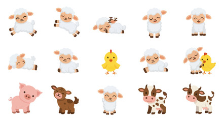 Fototapeta premium Cute Farm Animals Collection: Sheep, Chickens, Pigs, Cows