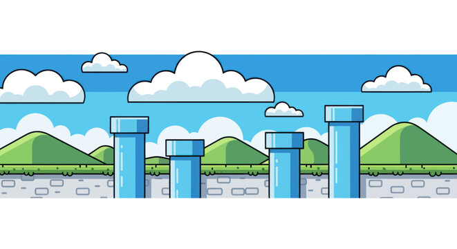Retro Video Game Level Design with Pipes, Clouds, and Hills