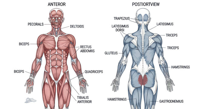 Anterior and Posterior Human Muscular System Anatomy Chart