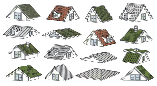 Collection of house roof designs, attic windows, dormers, various roofing materials