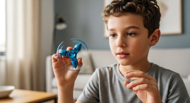Young boy enjoying a blue fidget spinner in an indoor setting with natural light