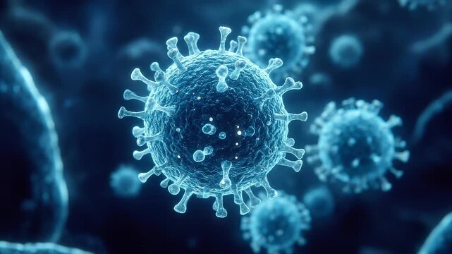 Vivid Microscopic Depiction of Hantavirus Array of Glowing Viral Particles and Infectious Pathogens