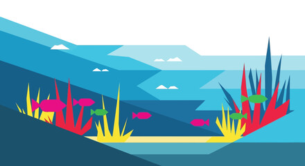 Colorful coral reef with fish, abstract flat design, underwater scene © asepta