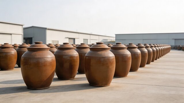 Rows of large clay jars outdoors