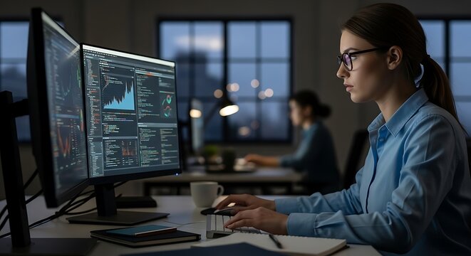 Woman working on computer at office studying data analytics late night