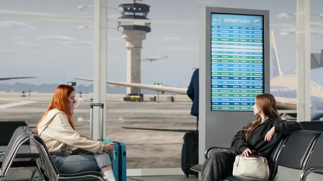 Waiting for boarding call, flight delay and annoyed teenage girl in airport lounge. Waiting for flight status updates, departure board and bored women with african american man in airport terminal