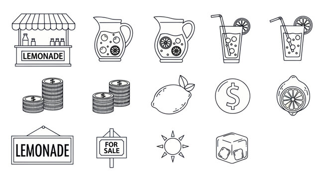 Hand-Drawn Lemonade Stand Icons: Drinks, Money, Summer, Freshness, Business