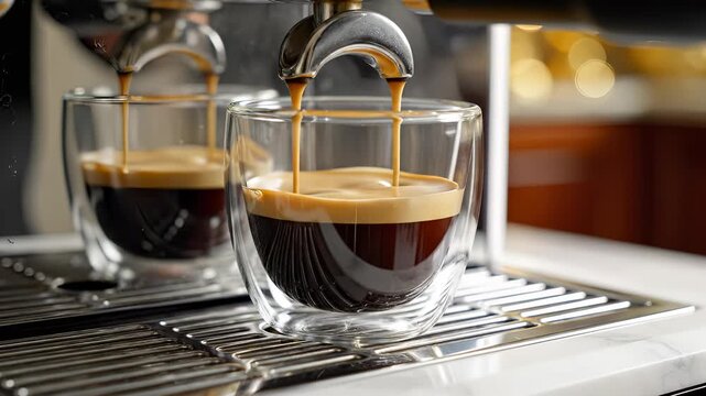 Coffee Espresso Pouring from Machine into Clear Glasses for a Cafe Shop or Home Use 2024