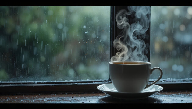 Steaming Coffee Cup on Window Sill in Front of Rain Blurry Background