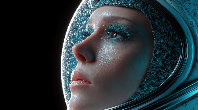 Woman in Astronaut Helmet with Teal Light Refractions Against Black Space Void