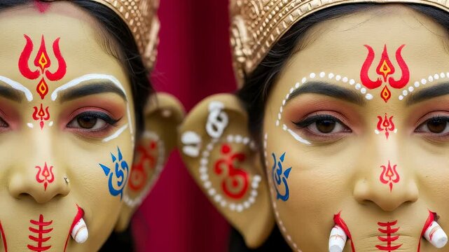 Woman with Ganesh face painting for Ganesh Chaturthi. Indian girl in deity makeup with traditional religious symbols and golden crown. Cultural festive ritual.