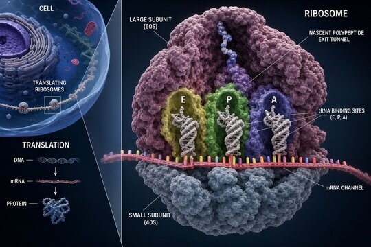 Detailed 3d illustration of a ribosome moving along an mrna strand, assembling amino acids into a growing polypeptide chain, representing protein synthesis (translation) within a cell