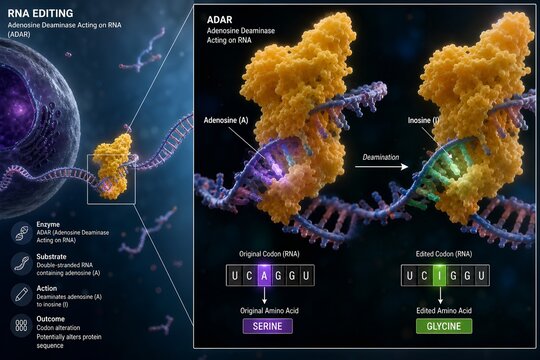 Molecular illustration showing the adar enzyme (adenosine deaminase acting on rna) converting adenosine (a) to inosine (i) within a double-stranded rna structure, representing rna editing mechanism