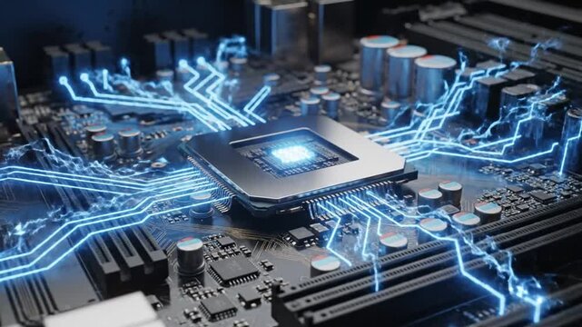 Central processing unit on motherboard with electric blue lightning.