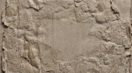 Fototapeta premium A close-up shot of rough, textured recycled paper with torn edges and an empty space in the center. The paper has a raw, organic feel, hinting at a vintage or rustic aesthetic. The muted.