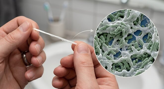 Pseudomonas aeruginosa bacteria creating a slimy green biofilm on a strand of dental floss, representing oral hygiene risks and microbial contamination