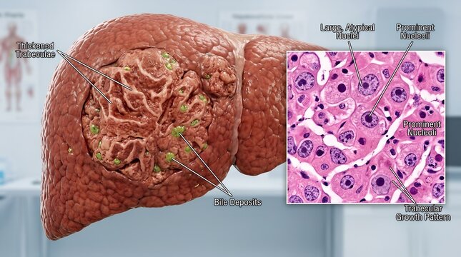 Histopathology image of hepatocellular carcinoma showing a trabecular growth pattern (thick cell plates) and intracellular bile deposits, representing primary liver cancer