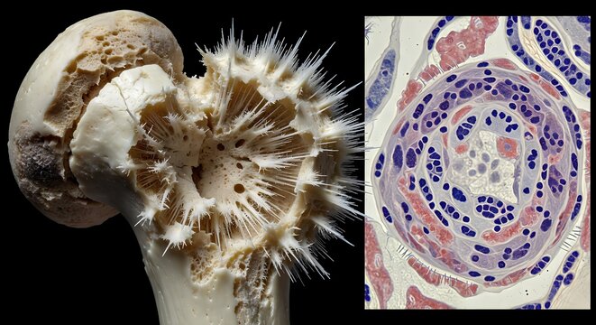 Diseased bone with spiky irregular surface texture alongside a microscopic view of malignant osteosarcoma cells, representing bone cancer pathology and oncology.