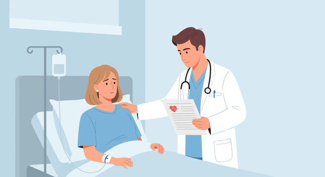 Doctor Comforting Female Hospital Patient in Bed During Medical Consultation