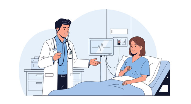 Doctor Explaining Medical Examination Results to a Female Patient in Hospital Bed