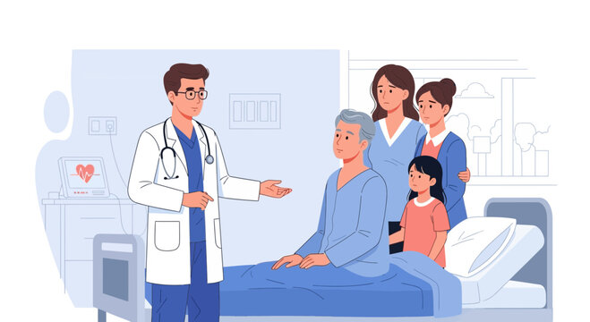 Doctor talking to elderly patient in hospital bed with visiting family members
