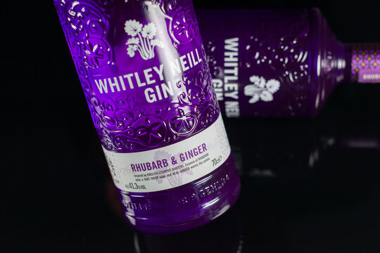 LONDON, UK - 25 JULY 2024 A bottle of Whitley Neill Rhubarb & Ginger Gin, a handcrafted gin developed by Johnny Neill, an eighth generation distiller