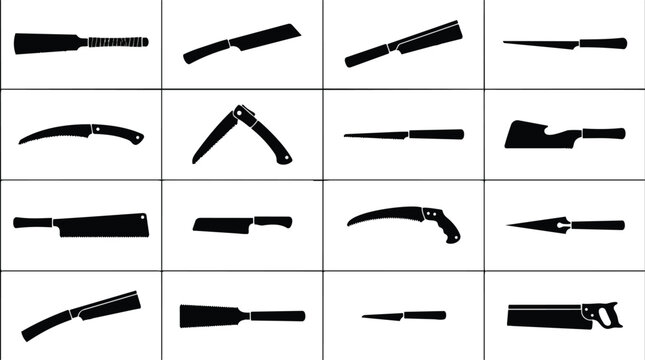 Set of sixteen black silhouettes of various manual hand saws and woodworking tools.
