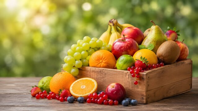 Peti Kayu Pedesaan Berisi Berlimpah Buah Tropis dan Beri Segar di Bawah Cahaya Matahari Kebun
