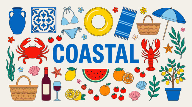 Coastal summer collage featuring beach essentials, seafood, and vacation-themed items in bright colors