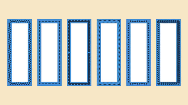 Row of vertical blue picture frames on a beige background creating a minimalist decorative display