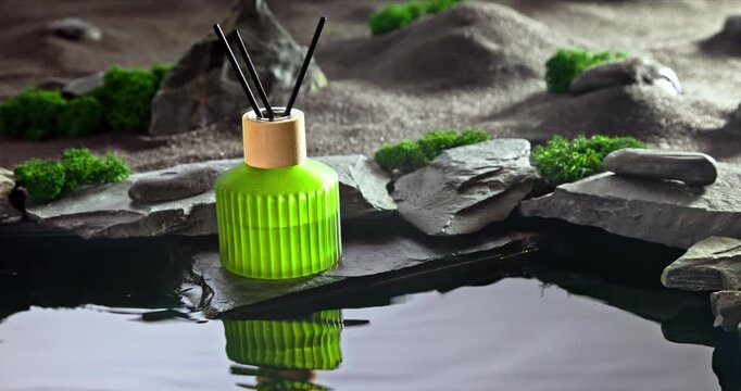 Intense fragrance diffuser on black stones illuminated by moonlight.