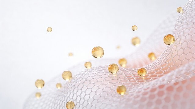 A close-up view of clear water droplets on a textured surface with a pinkish hue and a white background.
