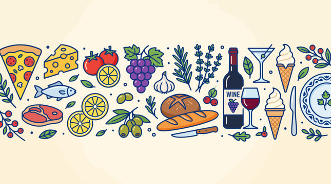 Colorful hand-drawn food border featuring pizza, bread, fruit, vegetables, cheese and wine in a playful decorative illustration