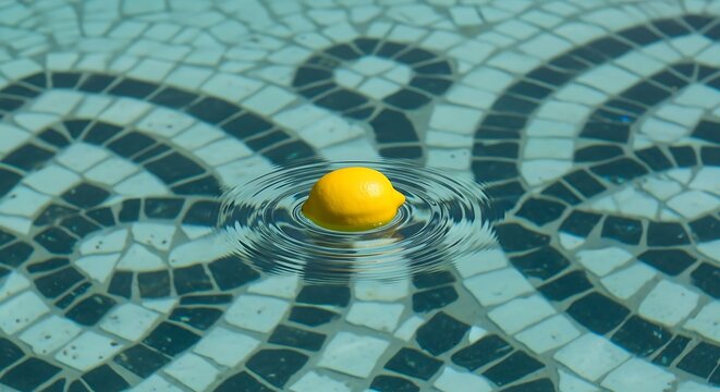 Yellow object floating on water with concentric ripples and mosaic pattern