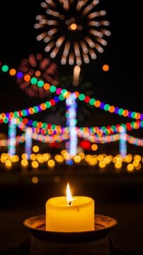 Burning candle with bokeh fireworks and festive lights. Traditional celebration background for Ganesh Chaturthi. Night community gathering with spiritual glowing light. Vertical video
